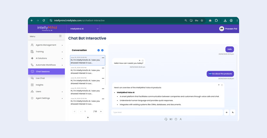 IntellyMind Chat interface preview